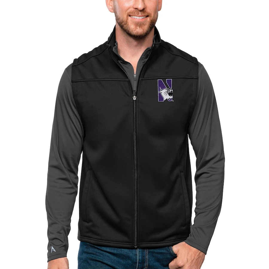Northwestern Wildcats Antigua Links Full-Zip Golf Vest - Black 1 Northwestern Wildcats Antigua Links Full-Zip Golf Vest - Black