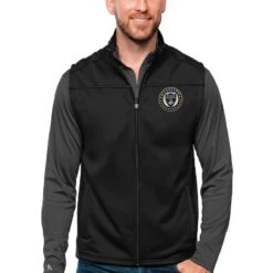 Philadelphia Union Antigua Primary Team Logo Links Full-Zip Golf Vest - Black