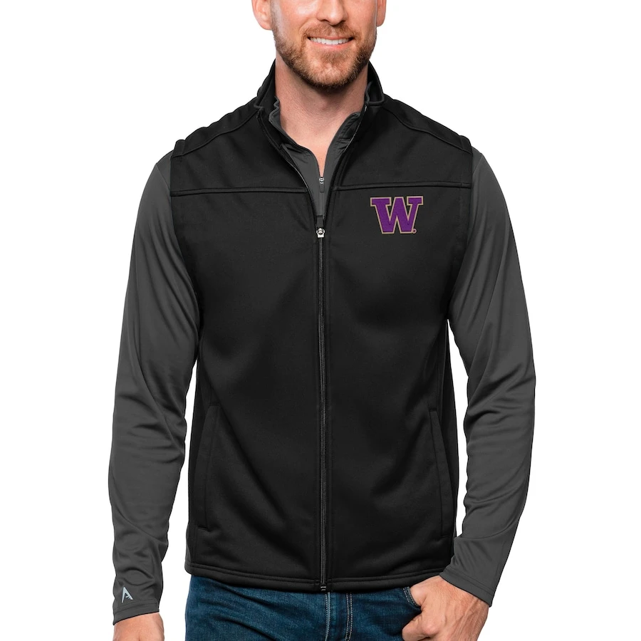 Washington Huskies Antigua Links Full-Zip Golf Vest - Black 1 Washington Huskies Antigua Links Full-Zip Golf Vest - Black