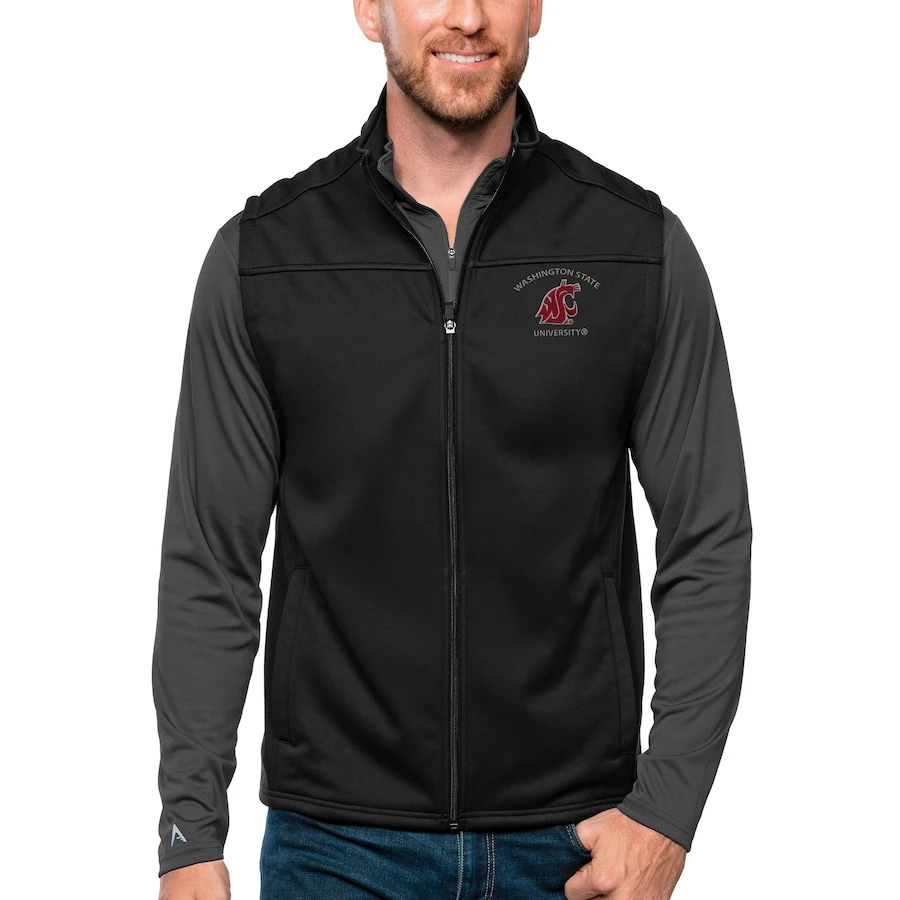 Washington State Cougars Antigua Links Full-Zip Golf Vest - Black 1 Washington State Cougars Antigua Links Full-Zip Golf Vest - Black