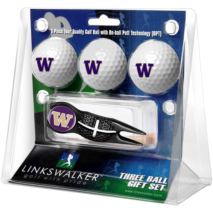 Washington Huskies 3-Pack Golf Ball Gift Set With Black Crosshair Divot Tool 1 Washington Huskies 3-Pack Golf Ball Gift Set With Black Crosshair Divot Tool