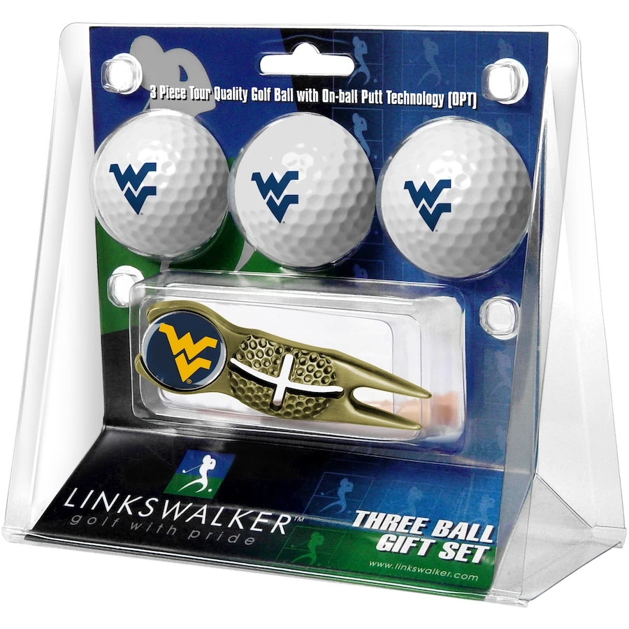 West Virginia Mountaineers 3-Pack Golf Ball Gift Set With Gold Crosshair Divot Tool 1 West Virginia Mountaineers 3-Pack Golf Ball Gift Set With Gold Crosshair Divot Tool