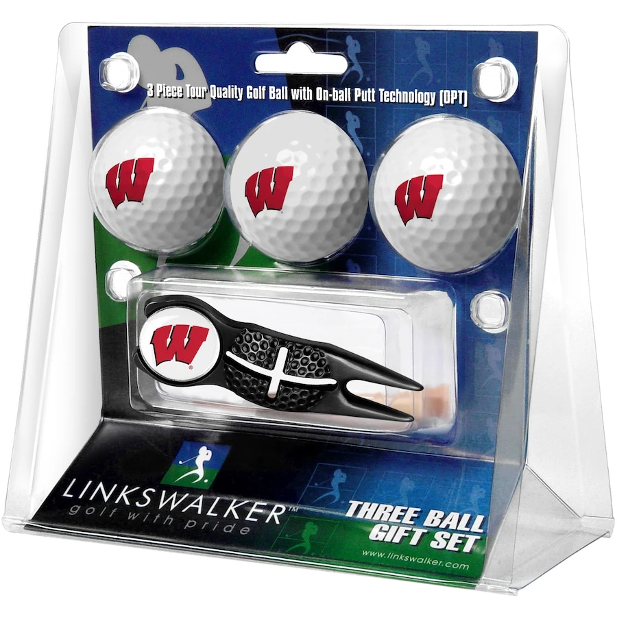 Wisconsin Badgers 3-Pack Golf Ball Gift Set With Black Crosshair Divot Tool 1 Wisconsin Badgers 3-Pack Golf Ball Gift Set With Black Crosshair Divot Tool