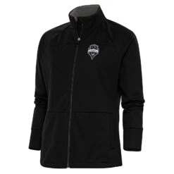 Seattle Sounders FC Antigua Women's Brushed Metallic Logo Links Full-Zip Golf Jacket - Black
