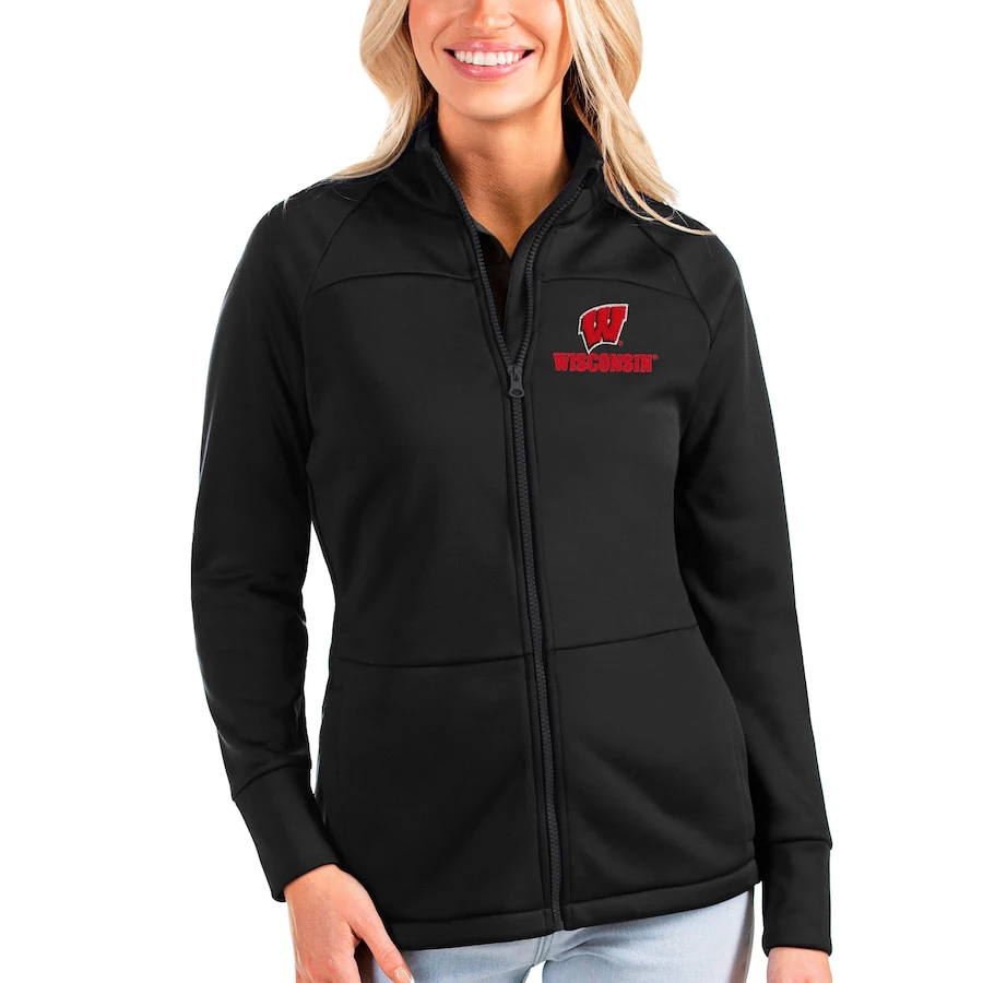 Wisconsin Badgers Antigua Women's Links Full-Zip Golf Jacket - Black 1 Wisconsin Badgers Antigua Women's Links Full-Zip Golf Jacket - Black